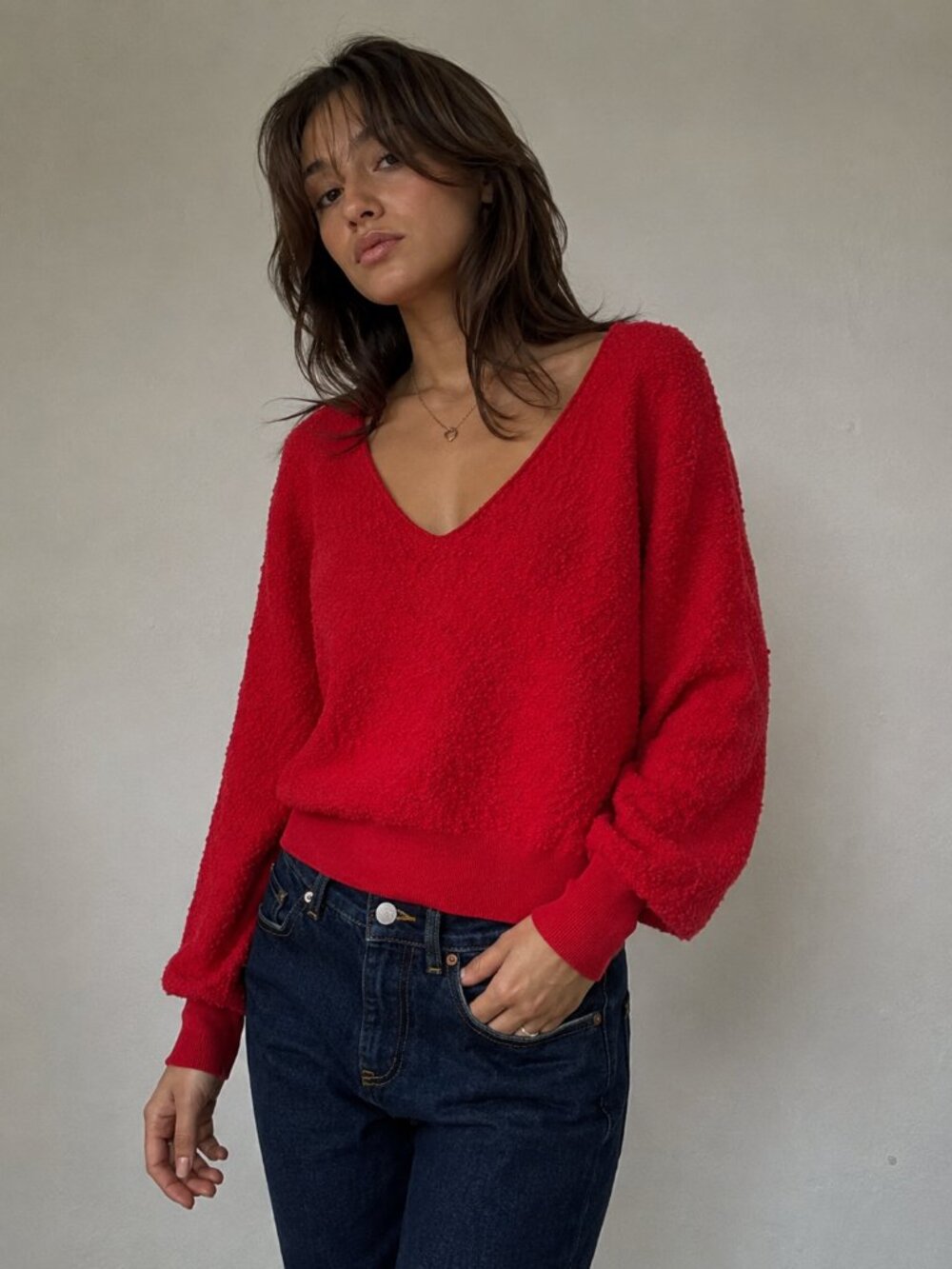 Free People Red Boucle Crop Sweater S SP Textured Knit Boho Pullover